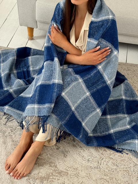 Palermo Wool Blend Throw Blanket 140 × 200 cm – Blue Windowpane Check